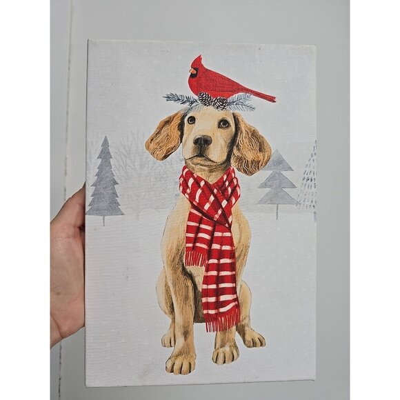 Adorable Golden Retriever Puppy Little Cardinal Winter Scene Canvas Decor 12x8 - Picture 1 of 9
